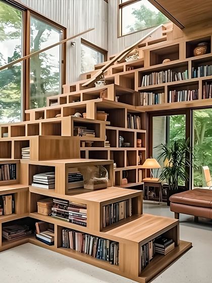 A creative and ambitious bookshelf design that is integrated into a staircase. This solution turns the entire stairwell into a massive library, perfect for book lovers with a large collection.