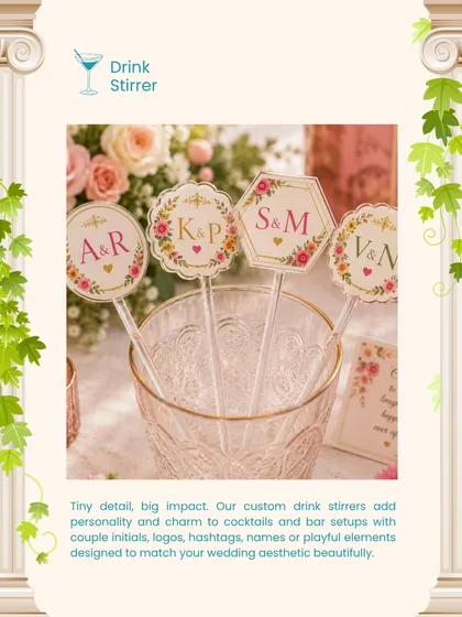 It's the small details that guests always remember. We design custom drink stirrers with your initials, wedding date, or unique logos to add a personalized touch to your bar and cocktails.
