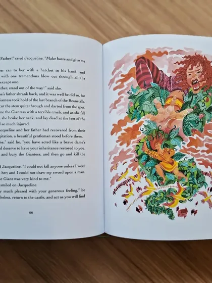 This illustration shows Jacqueline climbing the beanstalk in a gender-swapped version of the classic fairy tale.