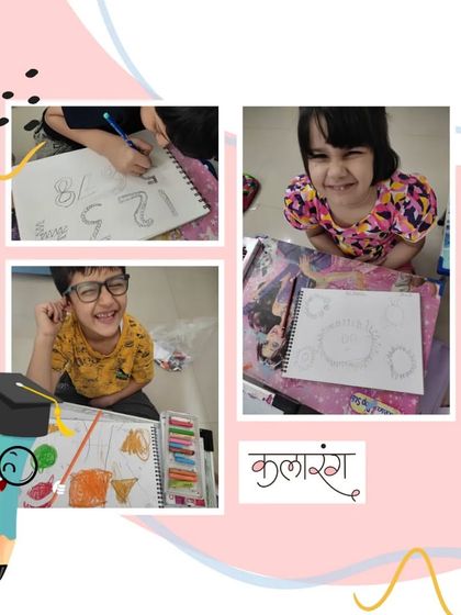 A collage capturing the daily routine of art and learning. These images show children happily engaged in drawing and coloring, demonstrating how consistent creative practice fosters self-expression.