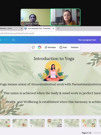 An introductory slide explaining the meaning of yoga as the union of the individual soul with the universal soul. Our workshops are rooted in this holistic philosophy of achieving harmony in body and mind.