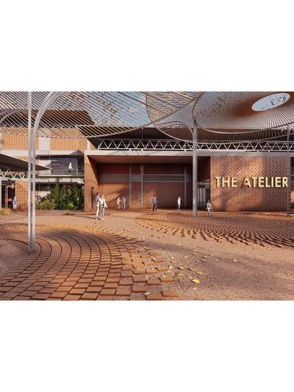 A conceptual render of The Atelier's main plaza, showcasing how we use lightweight structures to shape outdoor spaces. These circular canopies provide dappled shade, defining an area for gathering and interaction while maintaining a seamless connection to the sky and surrounding campus.