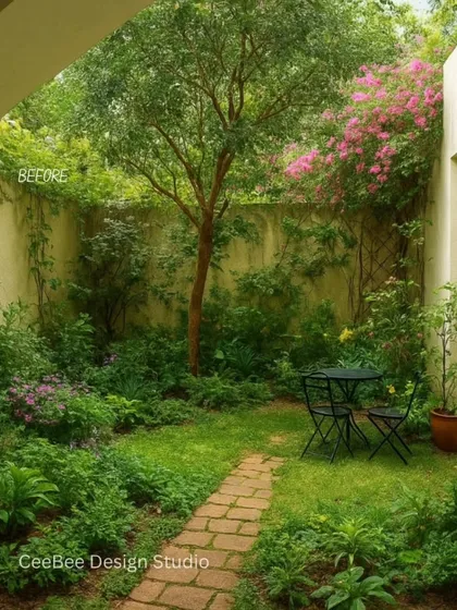 A before shot of a garden space that was transformed into a kitchen.