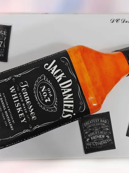 A sculpted Jack Daniel's whiskey bottle cake, perfect for a dad's birthday. This hyper-realistic cake is a popular choice for celebrating milestones and is designed to look just like the iconic Tennessee whiskey bottle.