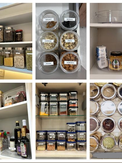 A transparent acrylic mood board. Using clear jars, bins, and lazy susans makes everything in your kitchen completely see-through, so you always know what you have at a glance.