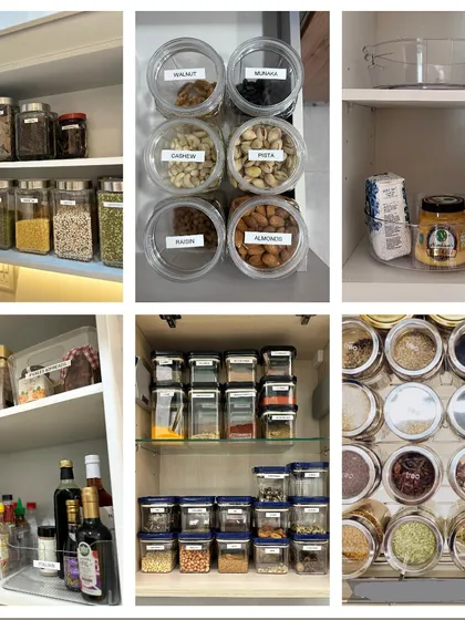 This is a kitchen mood board showcasing a transparent acrylic theme. Using clear jars, bins, and lazy susans makes your entire pantry see-through and easy to navigate.