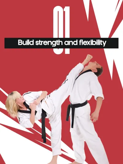This graphic highlights a key benefit of our training: building strength and flexibility. These two pillars are essential for progress in any martial art, dance, or gymnastics discipline we teach.