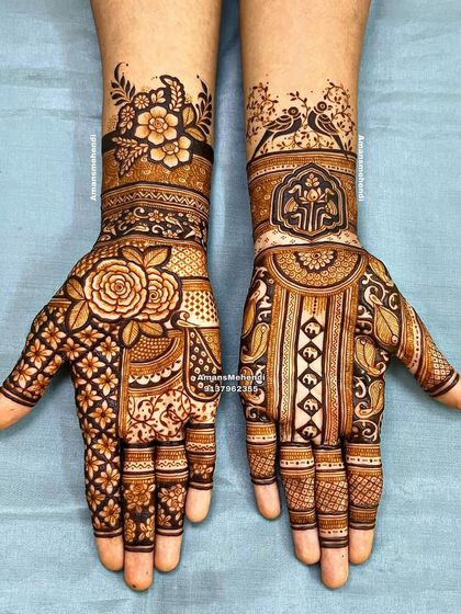 A full view of an elegant bridal set. The asymmetrical designs, one floral and one traditional, create a unique and personalized look for the bride.