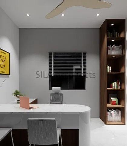 Another view of the doctor's office, showing the thoughtful placement of shelving and desk space to maximize efficiency.