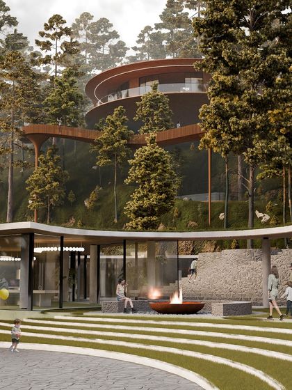 The public areas of the resort, including the restaurant and lounge, spill out onto a meandering landscape with a central fire pit, mimicking the organic contours of the hills.