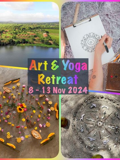 Our Art & Yoga retreat combines creative expression with daily practice. This collage shows the beautiful natural mandalas and drawings created by participants.