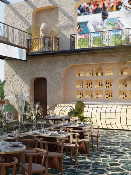 This rendering from our conceptual project, Skyro, showcases our ability to build immersive worlds. Here, we imagined a double-height space with a central fountain and soaring columns, blending mythical grandeur with the raw textures of nature to create a truly transportive dining journey.