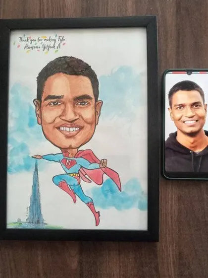 A custom caricature turning a team member into a flying superhero, a popular theme for corporate recognition.