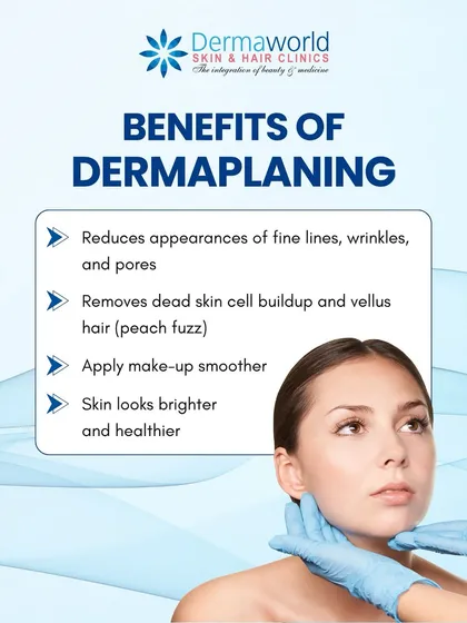 Dermaplaning is a physical exfoliation method that I perform to remove dead skin cells and vellus hair, or 'peach fuzz'. The benefits include smoother makeup application, reduced appearance of fine lines, and instantly brighter, healthier-looking skin.