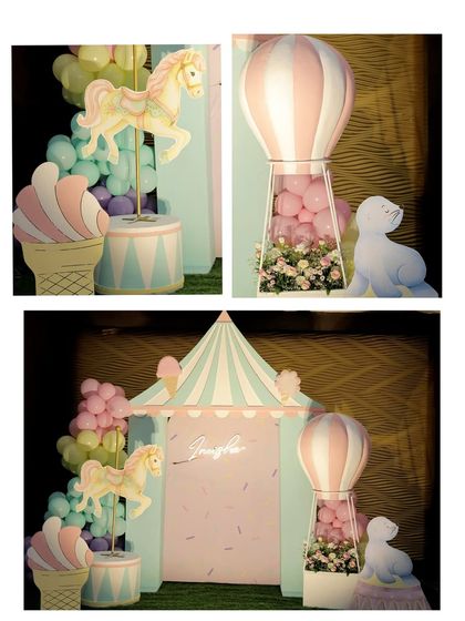A collage of our pastel carnival and sweets theme, showing a carousel horse, a hot air balloon, and a striped tent backdrop.