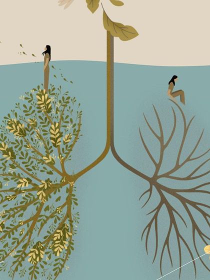 A key illustration from the 'Habitat' theme, where human lungs are reimagined as a tree. This powerful visual metaphor speaks to our symbiotic relationship with nature and the importance of balance for survival.