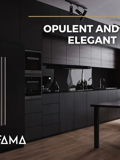 Opulent and elegant. This all-black kitchen achieves a powerful, monolithic look with its handleless cabinets, integrated appliances, and matching black countertops. Track lighting adds a modern, functional touch.