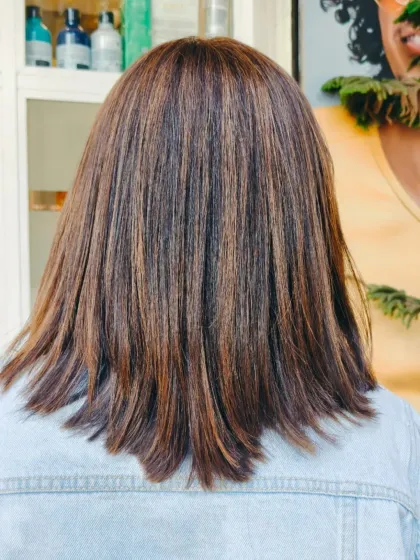 Another shot of this beautiful straight bob with highlights, showing how it looks in different lighting. The color is rich and the cut is precise.