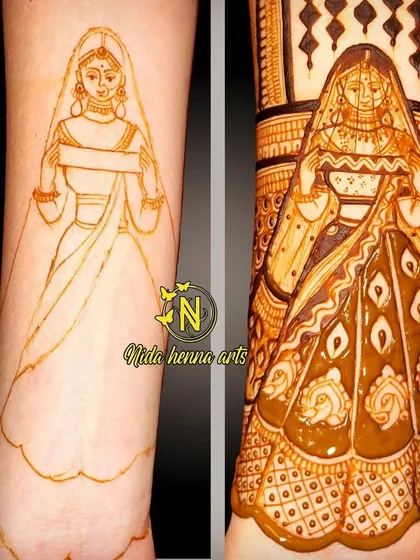 A before-and-after look at a ghunghat bride design. You can see how the initial outline is transformed into a detailed masterpiece with careful shading and filling.