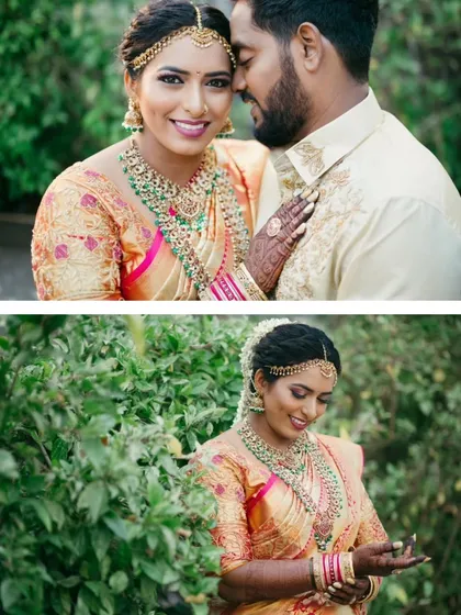 A collage of a beautiful South Indian couple, showcasing their traditional attire and affectionate moments.