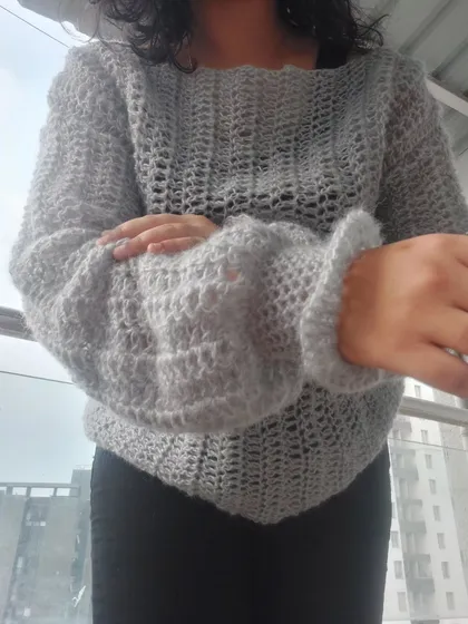 Another angle of the sleeve, showing how the light and airy mohair yarn drapes.