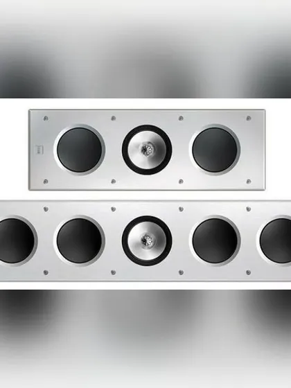 These are the KEF Ci-Series THX Ultra2 certified in-wall speakers. Their design features a substantial aluminum baffle to eliminate vibration and Uni-Q driver technology for wide, even sound dispersion. This allows us to build systems that deliver uncompromising performance while remaining visually discreet.