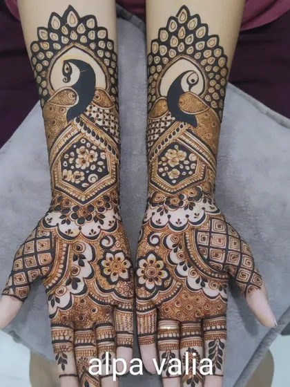 A bold and beautiful design featuring prominent peacock figures with detailed feather work.