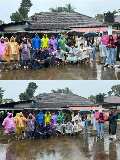 A group photo from a rainy Coorg trip, taken outside the homestay. Even on cloudy days, the spirit of adventure is high.