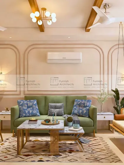 We designed this living room with a soothing, earthy palette. The green sofa adds a pop of color, while the indoor swing and natural wood elements bring a touch of playful comfort to the elegant space.