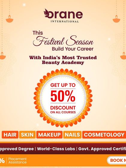 We offer courses in Hair, Skin, Makeup, Nails, and Cosmetology with UGC approved degrees and 100% placement assistance. This graphic details our festive discount offer.
