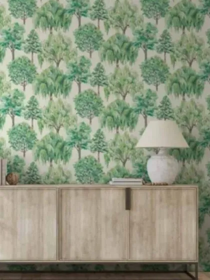 The same tree pattern wallpaper in a light and fresh green and white colorway. It's perfect for creating a bright and natural feel in any room.