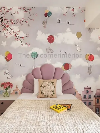 A child's room is a space for dreams to take flight. I designed this whimsical bedroom with a custom wallpaper, a scallop-shaped headboard, and an integrated study area, creating a room that is both imaginative and practical for a growing child.