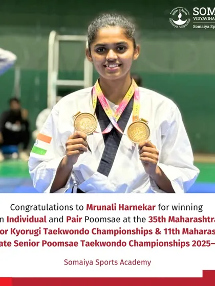 Mrunali Harnekar proudly displays her two gold medals won in Individual and Pair Poomsae at the Maharashtra State Taekwondo Championships.