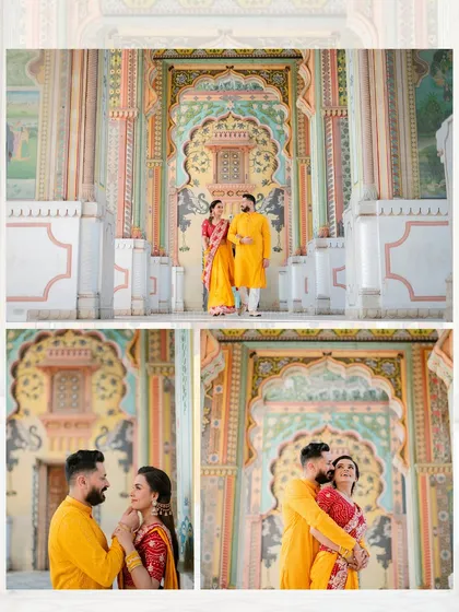 More shots of Amandip and Shine Kaur at Patrika Gate, highlighting their beautiful traditional outfits against the colorful, artistic background.