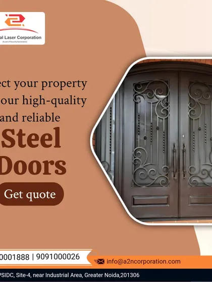This ornate double steel door provides maximum security without sacrificing design. The intricate wrought iron style scrollwork adds a classic, formidable look, making it ideal for properties requiring both protection and a strong aesthetic statement.