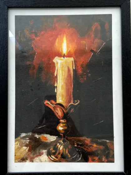 A dramatic and atmospheric oil painting of a candle, created by one of our talented students. The use of light and shadow is exceptional.