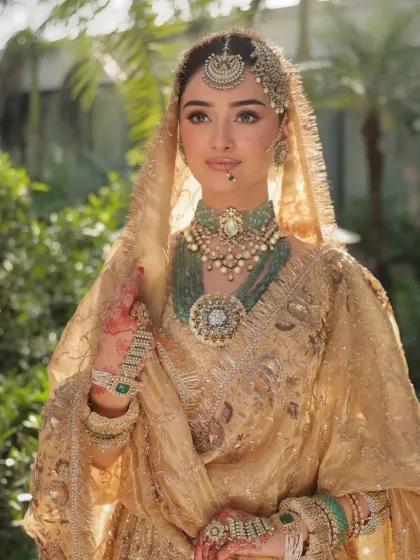 A three-quarter view of the golden bridal lehenga. The styling showcases the elegant drape of the dupatta and the matching hand jewelry.