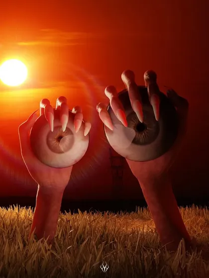 'Watchers', a surreal horror concept of disembodied hands holding giant eyeballs in a wheat field. The warm, sunset lighting contrasts with the grotesque imagery to create a strange and memorable scene.