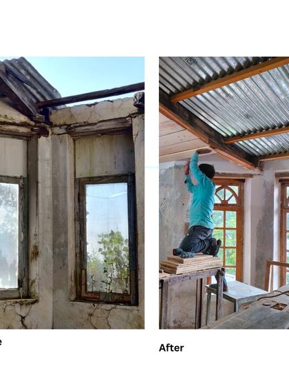 This before-and-after shows the transformation of a corner of a room, where a collapsing roof and broken windows were replaced with a restored ceiling and new, period-appropriate windows.
