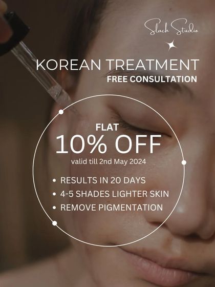 This promotional graphic outlines the key benefits of my Korean treatment: results in 20 days, 4-5 shades lighter skin, and complete removal of pigmentation.