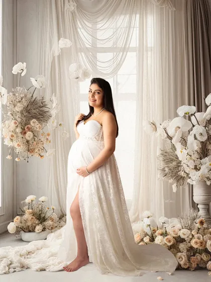 This is the magic I love to create in my studio. This gorgeous mom-to-be is surrounded by a dreamy floral setup, wearing a beautiful white lace gown that perfectly accentuates her glow. This fine-art pregnancy portrait is all about elegance and serenity.