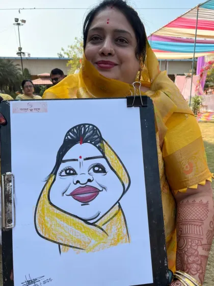 This guest's yellow attire for the Haldi function was so bright and cheerful, I had to use yellow in her caricature.
