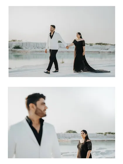 A diptych featuring a walking shot and a portrait using shallow depth of field, creating a narrative and artistic feel.