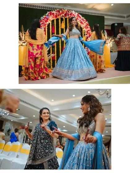 The bride takes to the dance floor, sharing a dance with her mother and enjoying the Sangeet night with her friends.