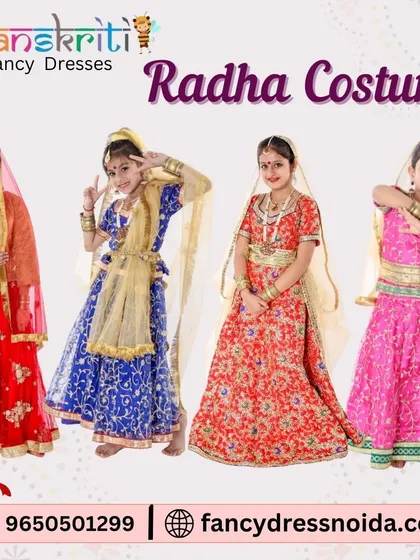 My Radha costume rentals come in a range of vibrant colors and designs, from royal blue to festive red. I have options for both young girls and adults, perfect for matching mother daughter outfits.