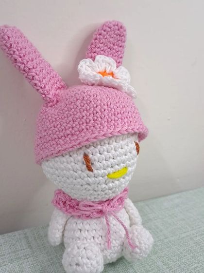 Another angle of the cute bunny in its pink hoodie.