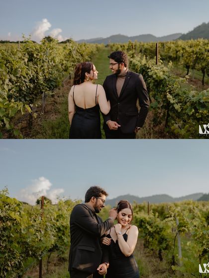 A collage of two moments from a vineyard shoot in Thailand. The images capture a loving glance and a tender gesture, showcasing the unposed, natural interactions we look for.