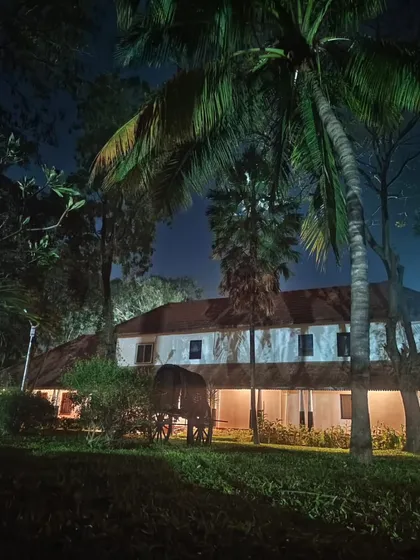 A night view of one of our larger heritage buildings, with an antique bullock cart resting on the lawn. The scene evokes a sense of timelessness and a deep connection to India's rural heritage.
