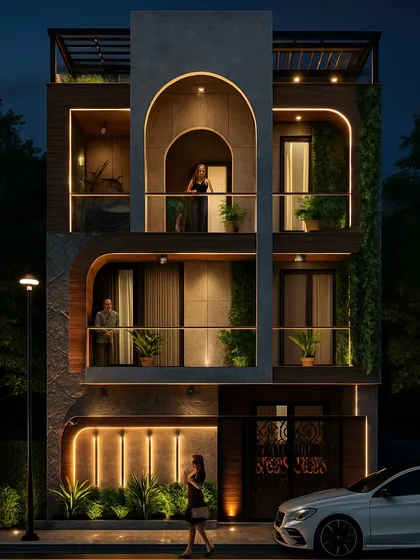 A 3D render showing our design for a 110 sq. yd. residence in Faridabad. We focused on creating a dramatic night-time look with integrated lighting that highlights the modern architectural forms, curved balconies, and vertical green spaces.