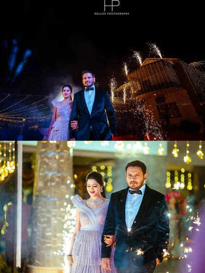 A stylish entrance for a cocktail celebration. The couple walks down a red carpet lined with sparklers, creating a glamorous, movie-premiere feel for their evening event.